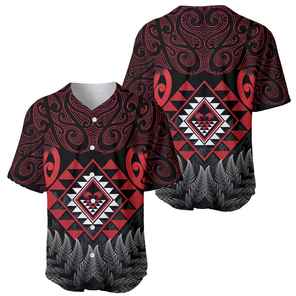 Aotearoa Kiwi Taniko Baseball Jersey Silver Fern With Maori Koru Pattern - Vibe Hoodie Shop