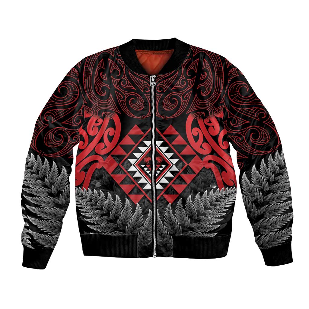 Aotearoa Kiwi Taniko Bomber Jacket Silver Fern With Maori Koru Pattern - Vibe Hoodie Shop