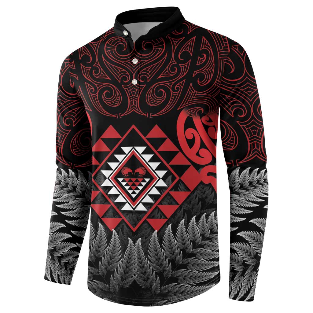 Aotearoa Kiwi Taniko Button Sweatshirt Silver Fern With Maori Koru Pattern