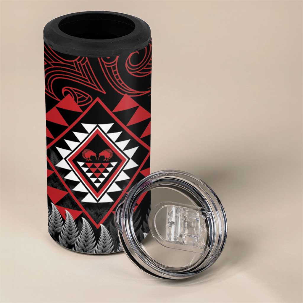 Aotearoa Kiwi Taniko 4 in 1 Can Cooler Tumbler Silver Fern With Maori Koru Pattern