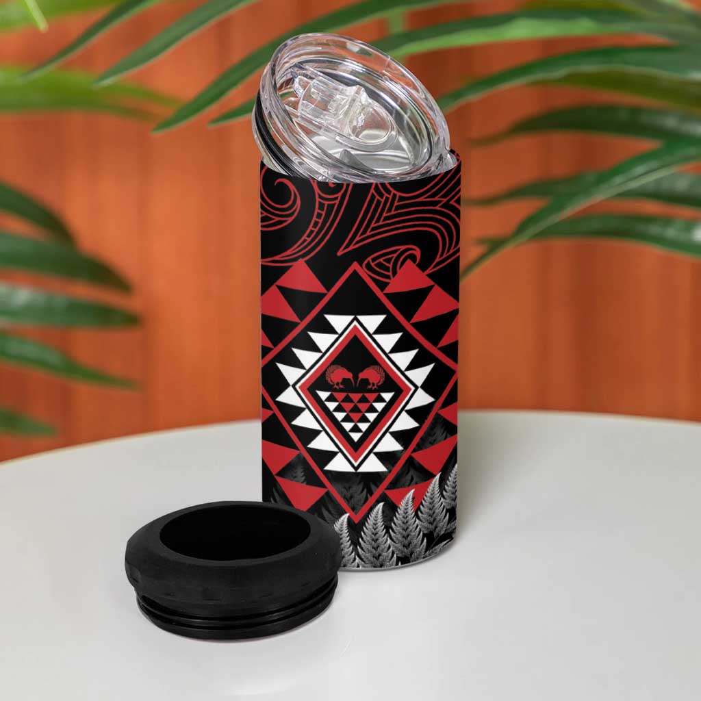 Aotearoa Kiwi Taniko 4 in 1 Can Cooler Tumbler Silver Fern With Maori Koru Pattern