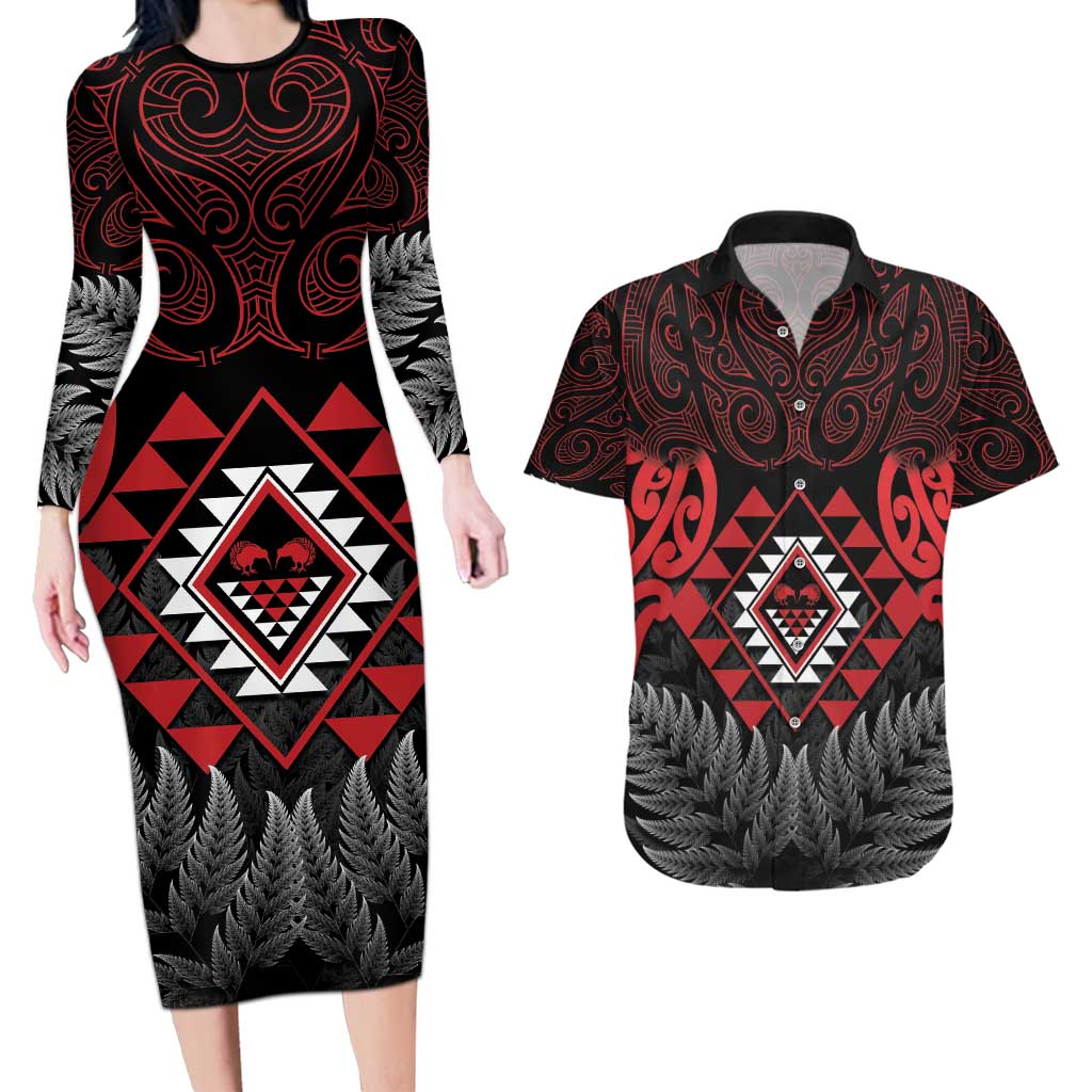 Aotearoa Kiwi Taniko Couples Matching Long Sleeve Bodycon Dress and Hawaiian Shirt Silver Fern With Maori Koru Pattern