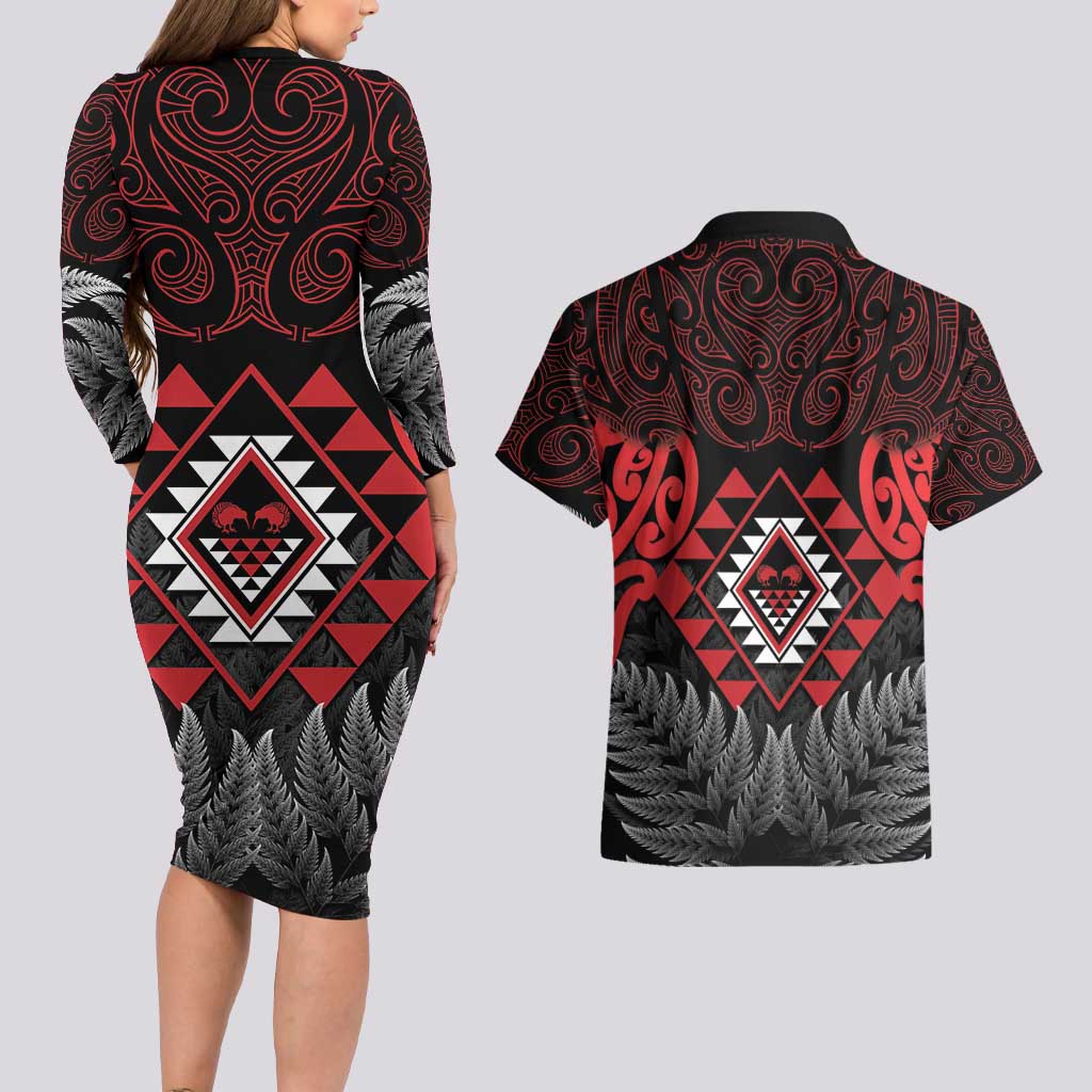 Aotearoa Kiwi Taniko Couples Matching Long Sleeve Bodycon Dress and Hawaiian Shirt Silver Fern With Maori Koru Pattern