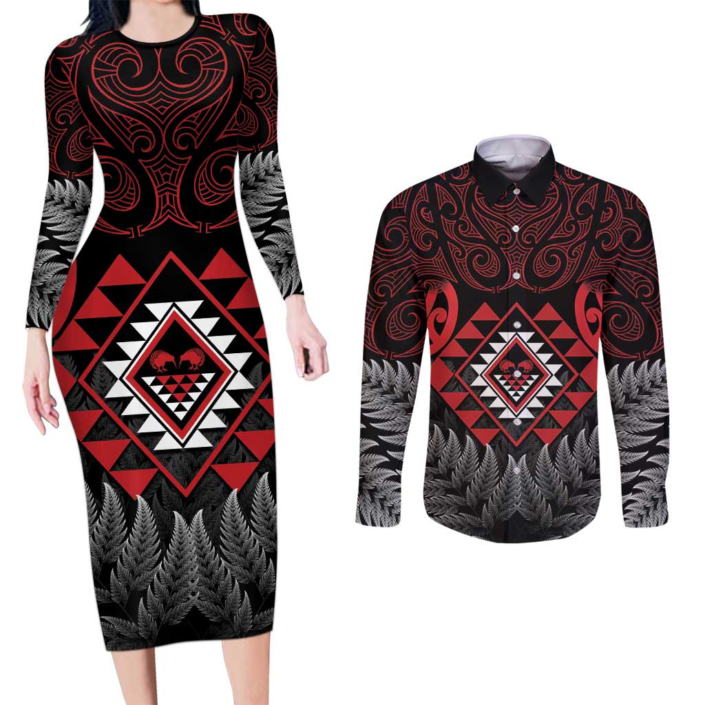 Aotearoa Kiwi Taniko Couples Matching Long Sleeve Bodycon Dress and Long Sleeve Button Shirt Silver Fern With Maori Koru Pattern