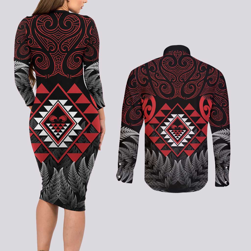 Aotearoa Kiwi Taniko Couples Matching Long Sleeve Bodycon Dress and Long Sleeve Button Shirt Silver Fern With Maori Koru Pattern