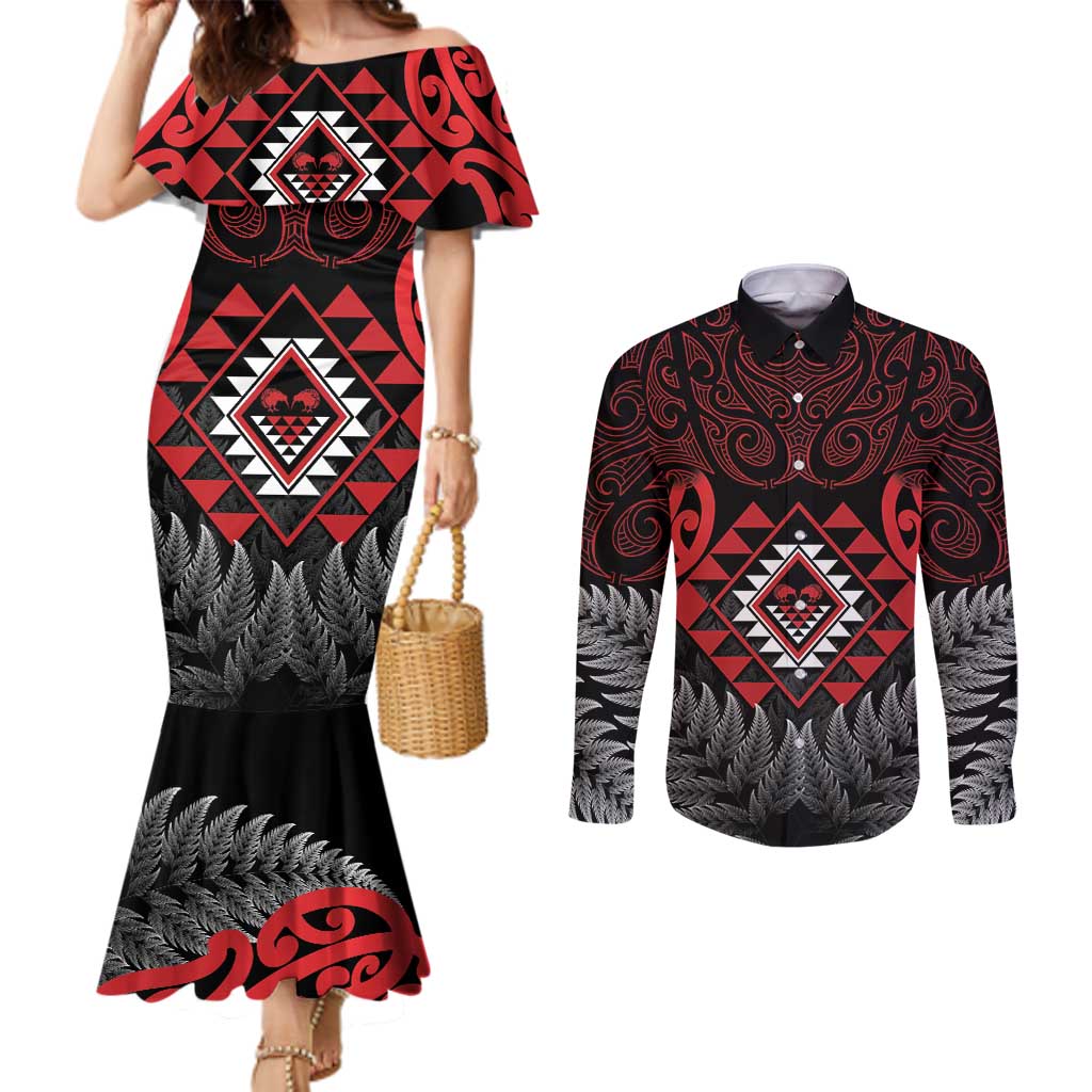 Aotearoa Kiwi Taniko Couples Matching Mermaid Dress and Long Sleeve Button Shirt Silver Fern With Maori Koru Pattern