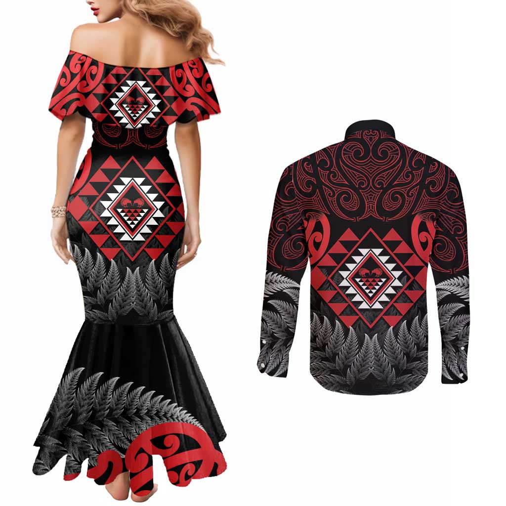 Aotearoa Kiwi Taniko Couples Matching Mermaid Dress and Long Sleeve Button Shirt Silver Fern With Maori Koru Pattern