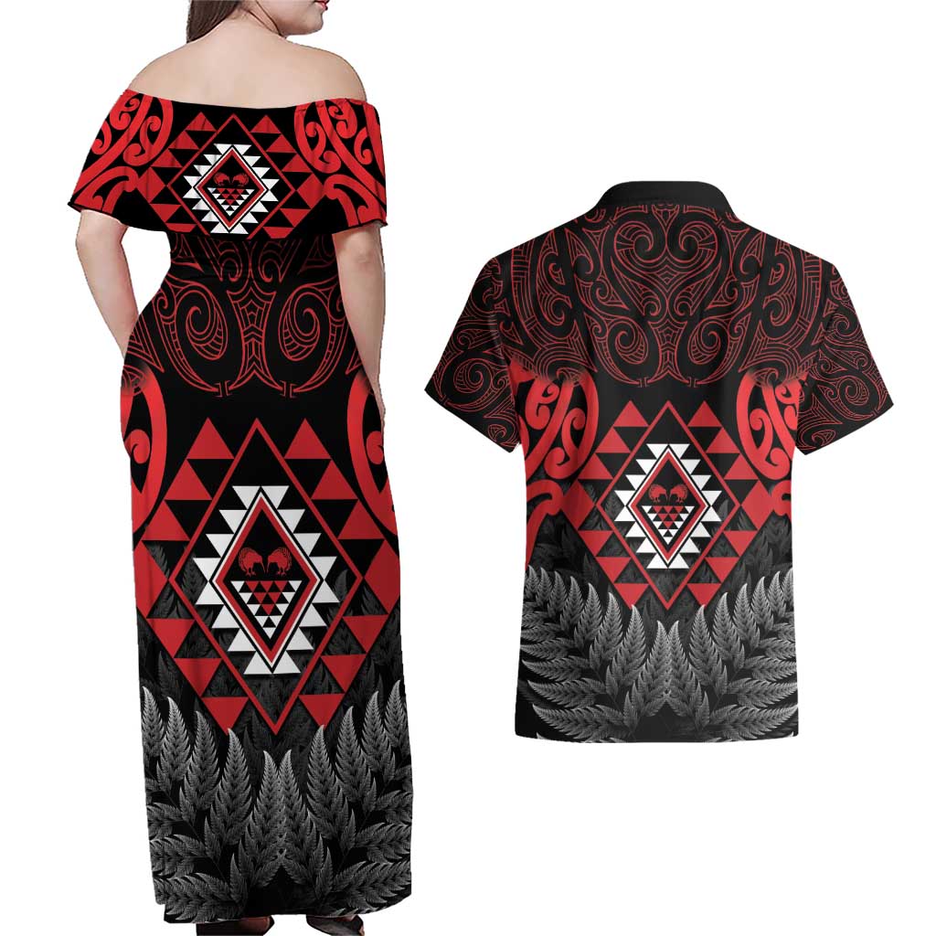 Aotearoa Kiwi Taniko Couples Matching Off Shoulder Maxi Dress and Hawaiian Shirt Silver Fern With Maori Koru Pattern