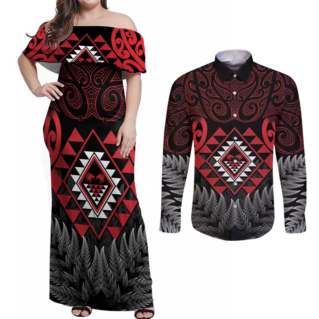 Aotearoa Kiwi Taniko Couples Matching Off Shoulder Maxi Dress and Long Sleeve Button Shirt Silver Fern With Maori Koru Pattern