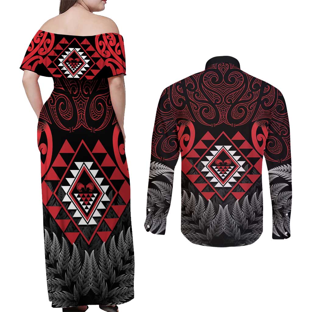 Aotearoa Kiwi Taniko Couples Matching Off Shoulder Maxi Dress and Long Sleeve Button Shirt Silver Fern With Maori Koru Pattern