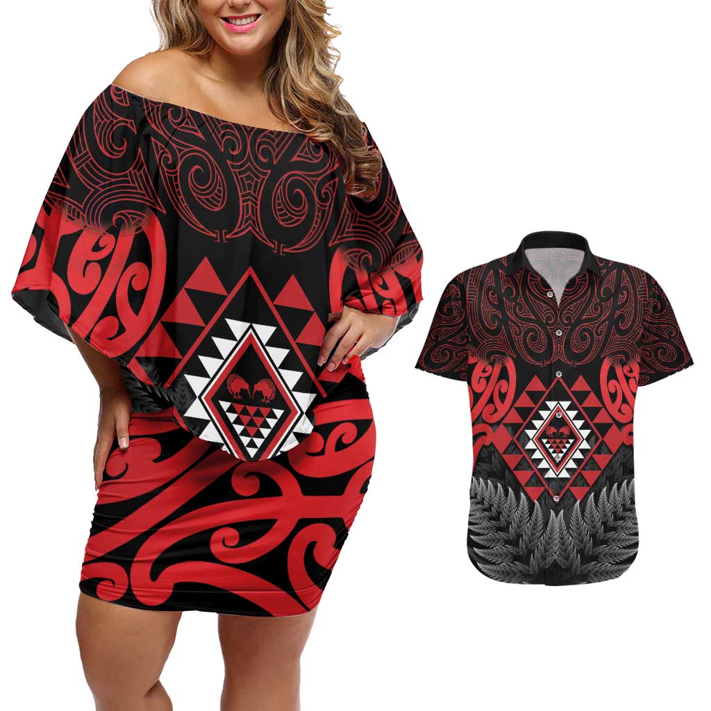 Aotearoa Kiwi Taniko Couples Matching Off Shoulder Short Dress and Hawaiian Shirt Silver Fern With Maori Koru Pattern