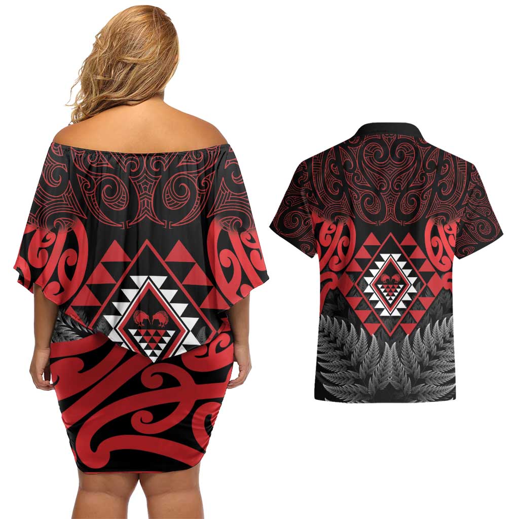 Aotearoa Kiwi Taniko Couples Matching Off Shoulder Short Dress and Hawaiian Shirt Silver Fern With Maori Koru Pattern