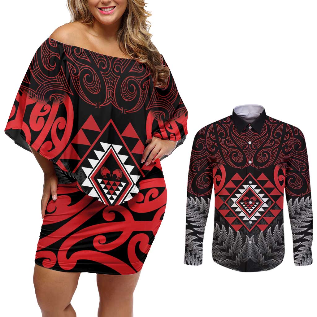 Aotearoa Kiwi Taniko Couples Matching Off Shoulder Short Dress and Long Sleeve Button Shirt Silver Fern With Maori Koru Pattern