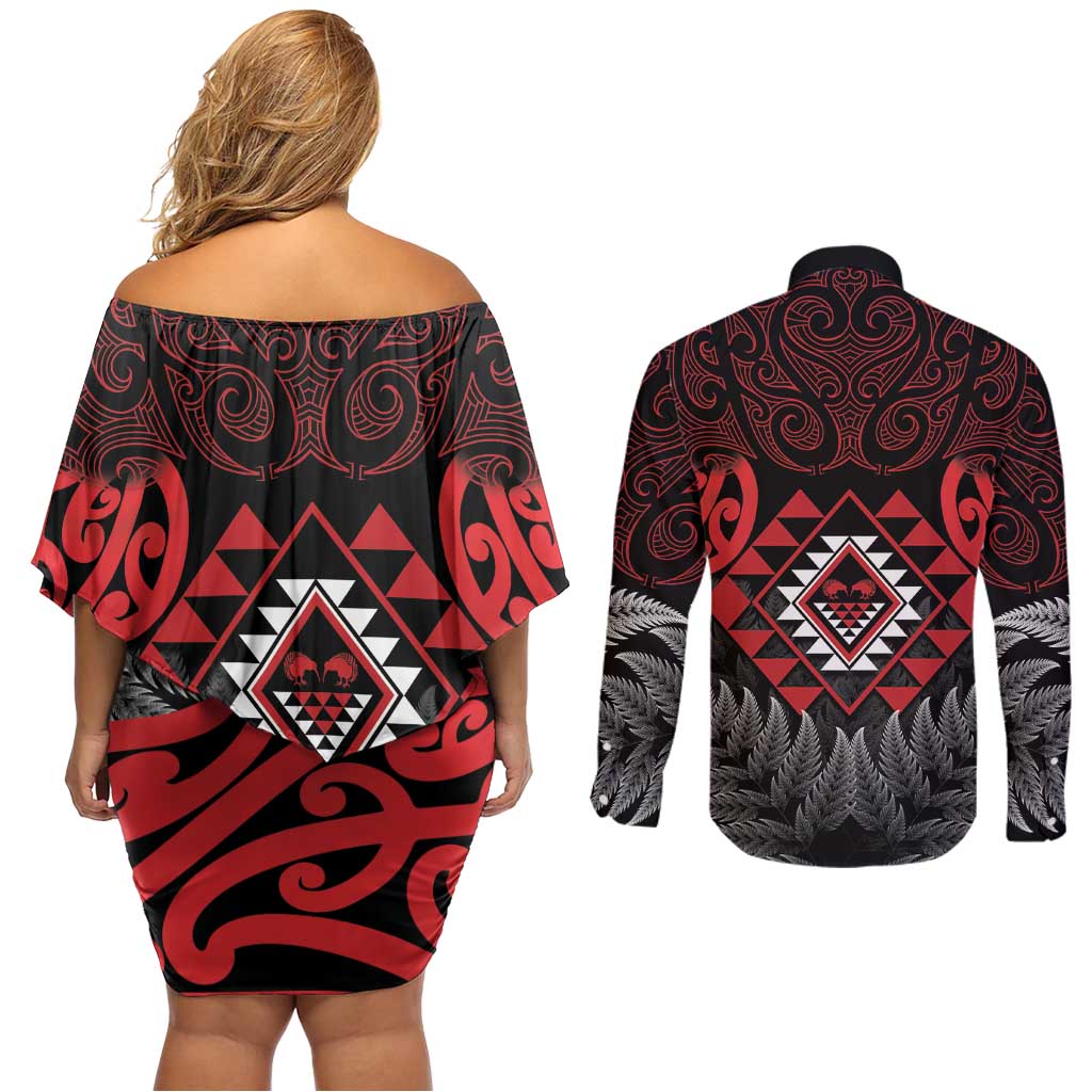 Aotearoa Kiwi Taniko Couples Matching Off Shoulder Short Dress and Long Sleeve Button Shirt Silver Fern With Maori Koru Pattern