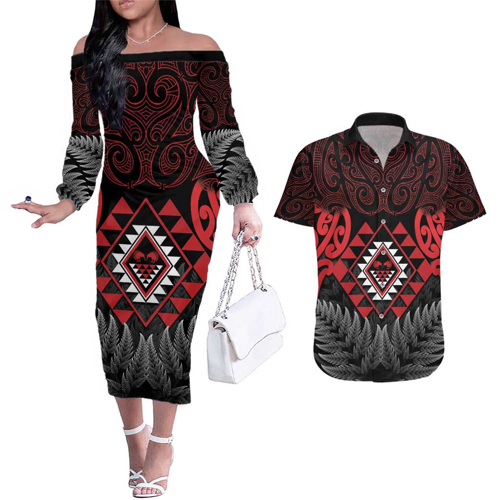 Aotearoa Kiwi Taniko Couples Matching Off The Shoulder Long Sleeve Dress and Hawaiian Shirt Silver Fern With Maori Koru Pattern