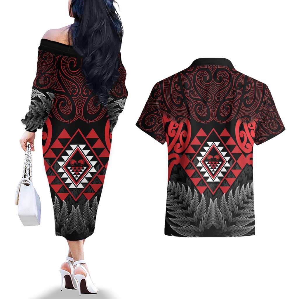 Aotearoa Kiwi Taniko Couples Matching Off The Shoulder Long Sleeve Dress and Hawaiian Shirt Silver Fern With Maori Koru Pattern