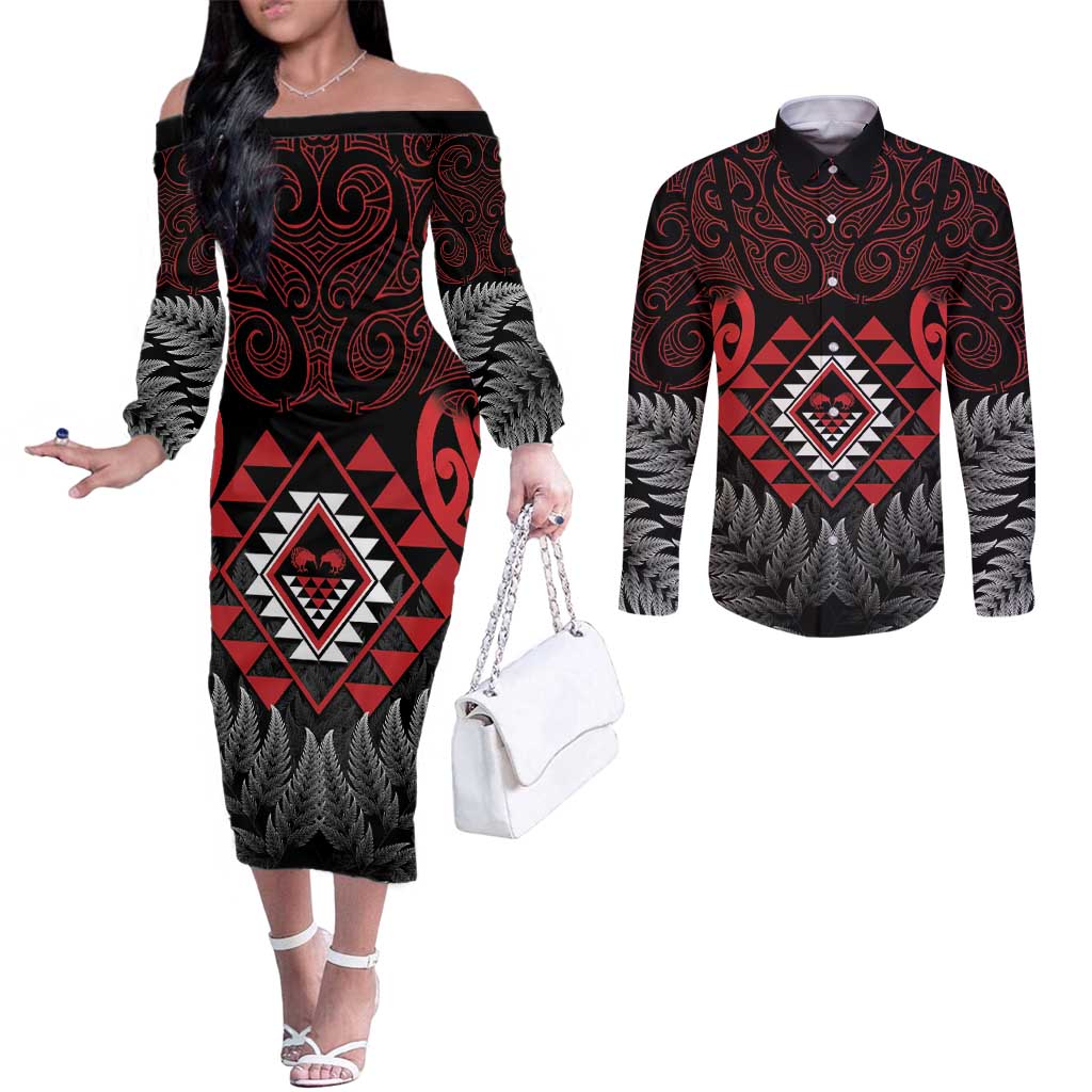 Aotearoa Kiwi Taniko Couples Matching Off The Shoulder Long Sleeve Dress and Long Sleeve Button Shirt Silver Fern With Maori Koru Pattern