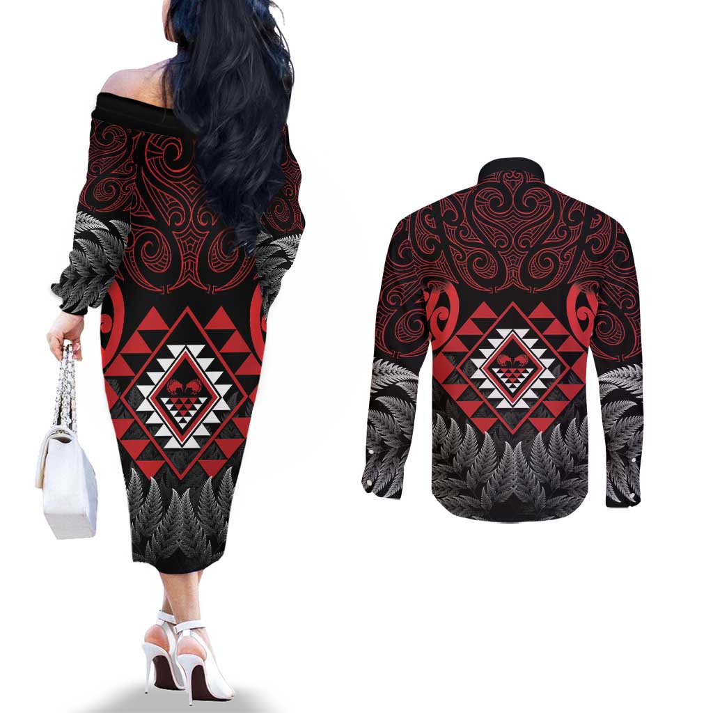 Aotearoa Kiwi Taniko Couples Matching Off The Shoulder Long Sleeve Dress and Long Sleeve Button Shirt Silver Fern With Maori Koru Pattern