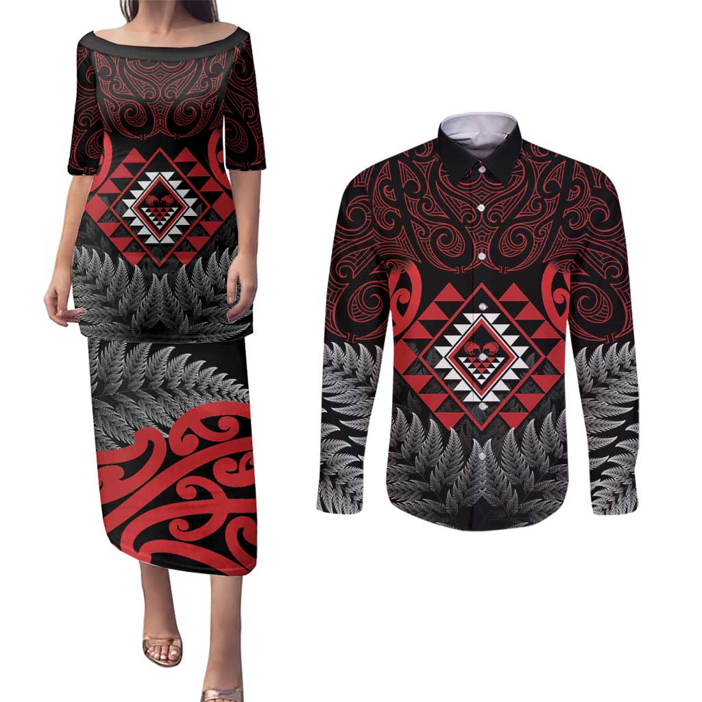 Aotearoa Kiwi Taniko Couples Matching Puletasi and Long Sleeve Button Shirt Silver Fern With Maori Koru Pattern