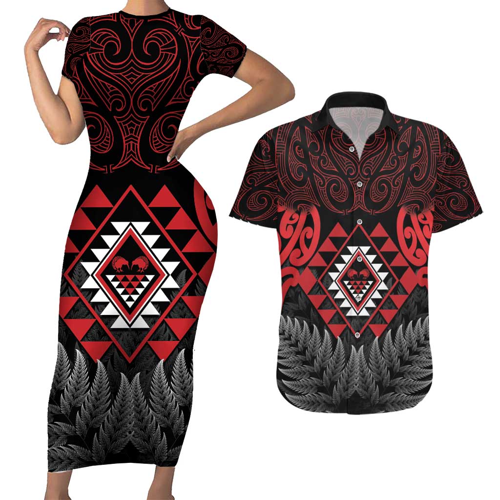 Aotearoa Kiwi Taniko Couples Matching Short Sleeve Bodycon Dress and Hawaiian Shirt Silver Fern With Maori Koru Pattern