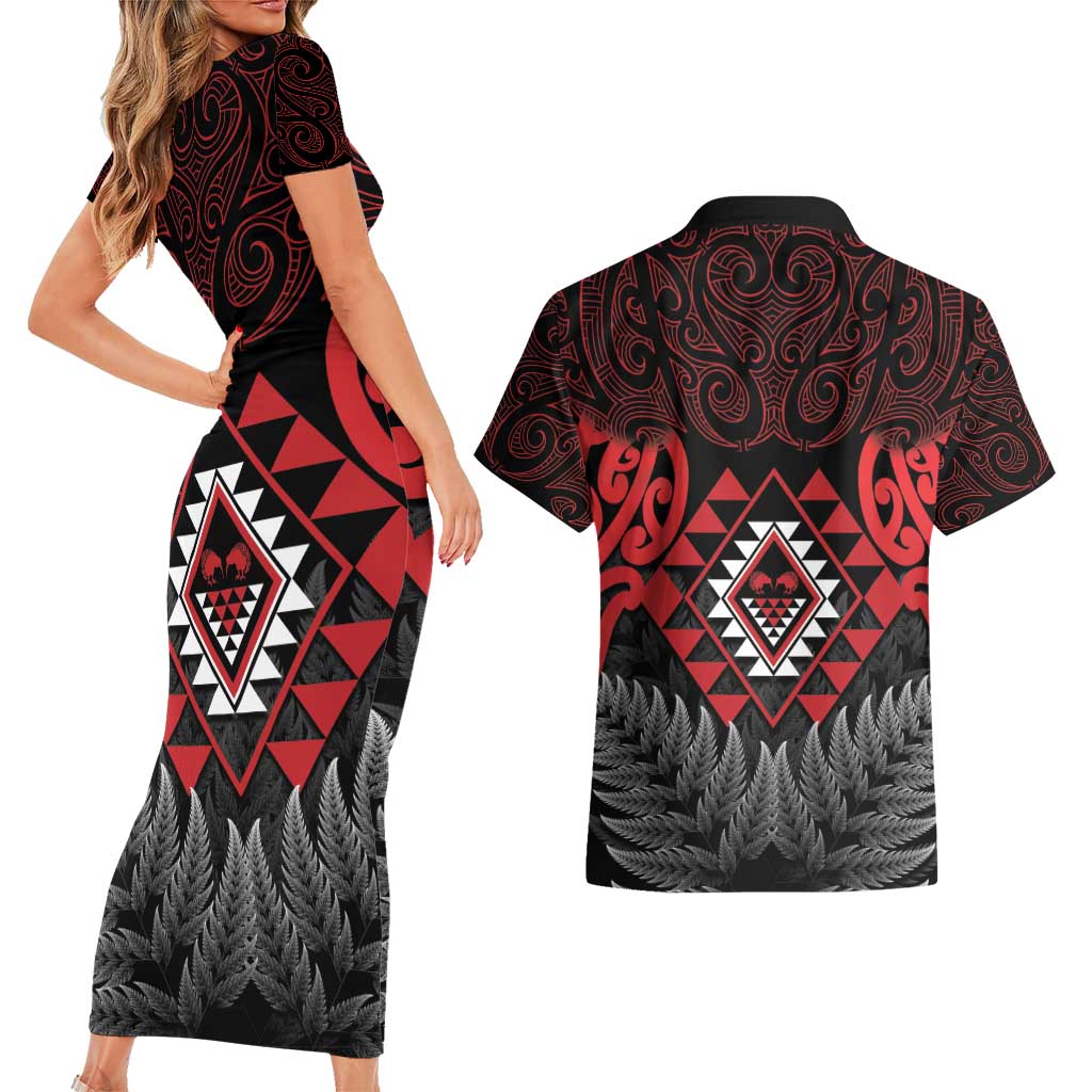 Aotearoa Kiwi Taniko Couples Matching Short Sleeve Bodycon Dress and Hawaiian Shirt Silver Fern With Maori Koru Pattern