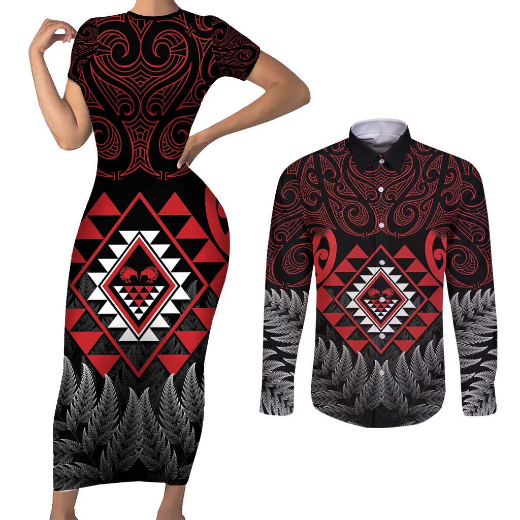 Aotearoa Kiwi Taniko Couples Matching Short Sleeve Bodycon Dress and Long Sleeve Button Shirt Silver Fern With Maori Koru Pattern