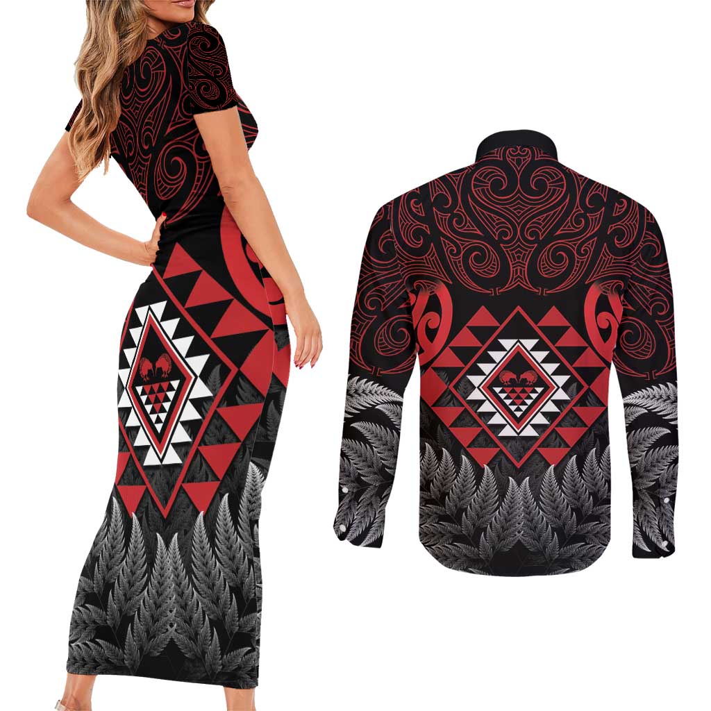 Aotearoa Kiwi Taniko Couples Matching Short Sleeve Bodycon Dress and Long Sleeve Button Shirt Silver Fern With Maori Koru Pattern