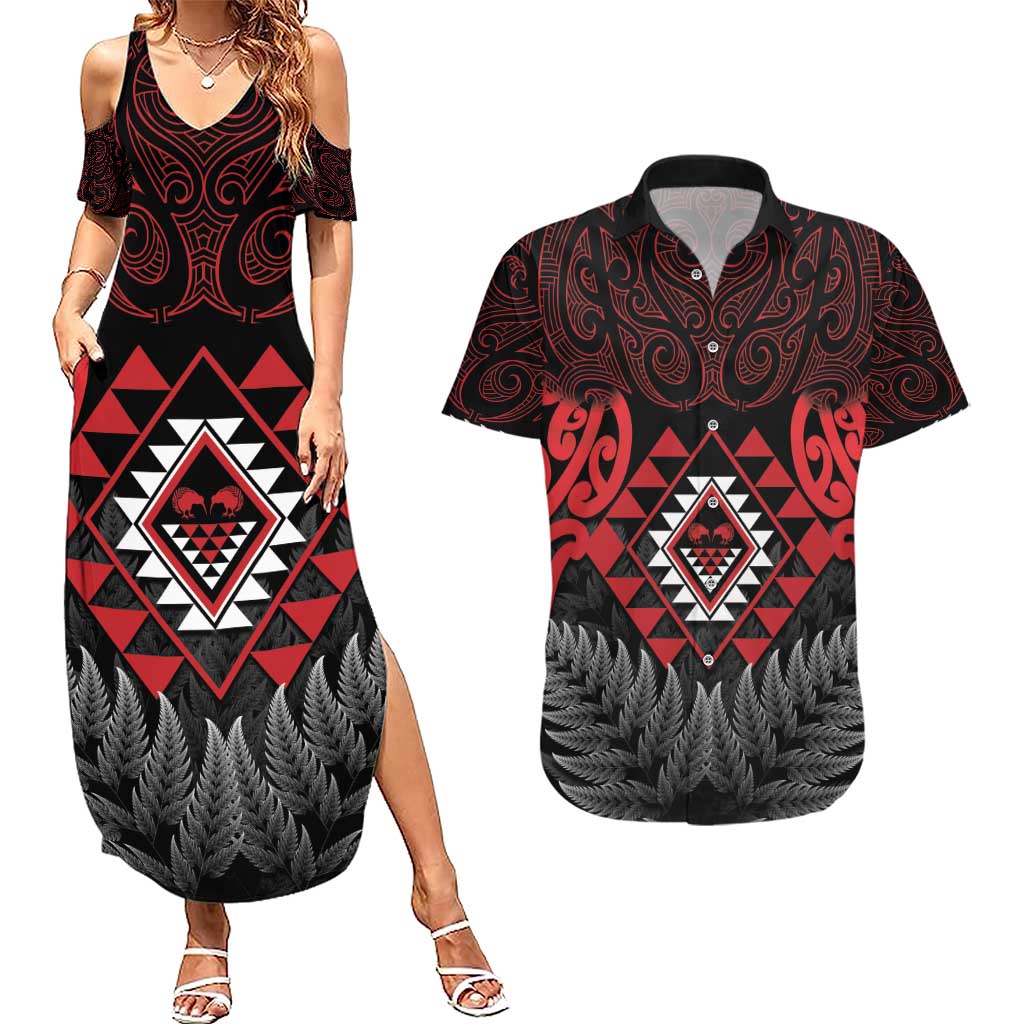 Aotearoa Kiwi Taniko Couples Matching Summer Maxi Dress and Hawaiian Shirt Silver Fern With Maori Koru Pattern