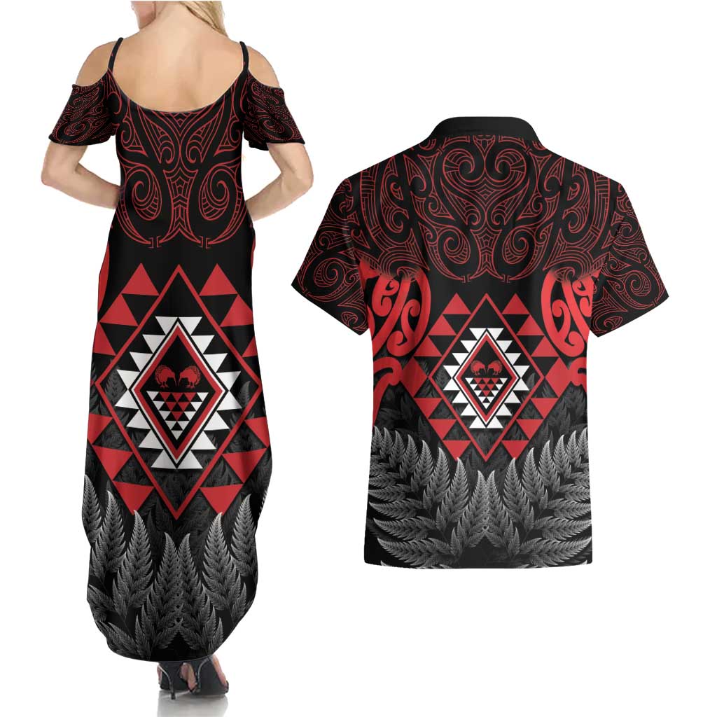 Aotearoa Kiwi Taniko Couples Matching Summer Maxi Dress and Hawaiian Shirt Silver Fern With Maori Koru Pattern