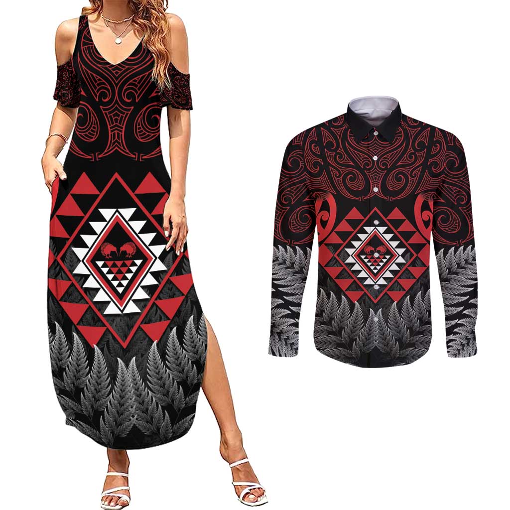 Aotearoa Kiwi Taniko Couples Matching Summer Maxi Dress and Long Sleeve Button Shirt Silver Fern With Maori Koru Pattern