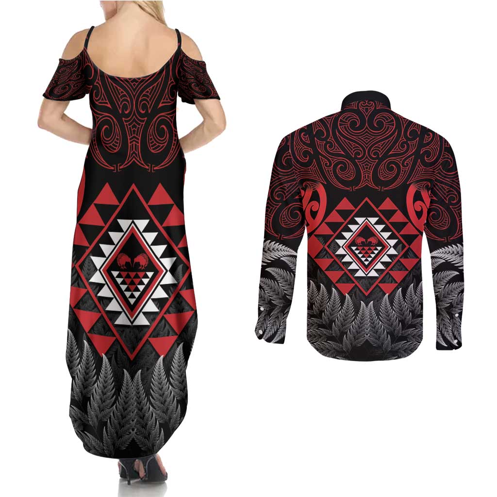 Aotearoa Kiwi Taniko Couples Matching Summer Maxi Dress and Long Sleeve Button Shirt Silver Fern With Maori Koru Pattern