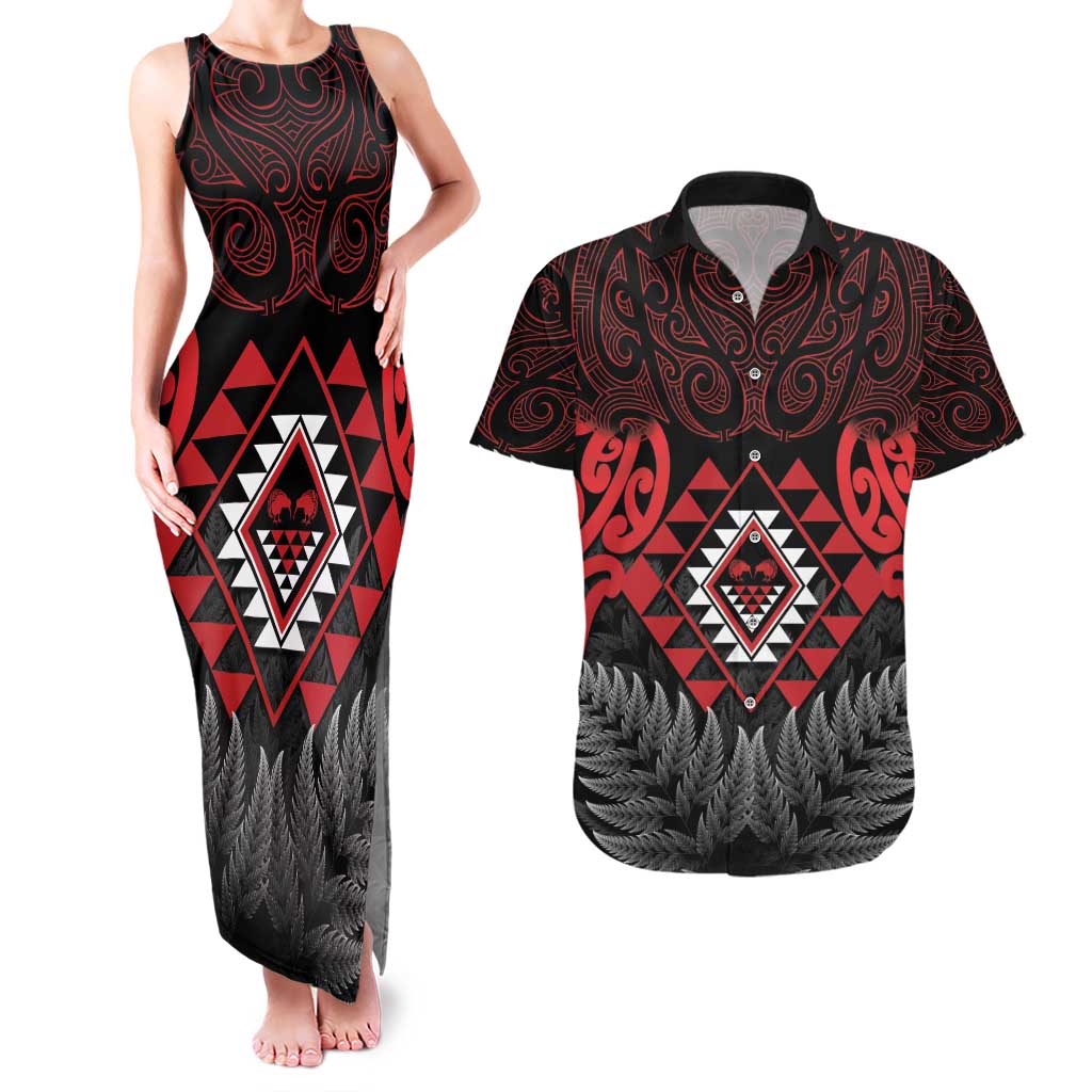 Aotearoa Kiwi Taniko Couples Matching Tank Maxi Dress and Hawaiian Shirt Silver Fern With Maori Koru Pattern