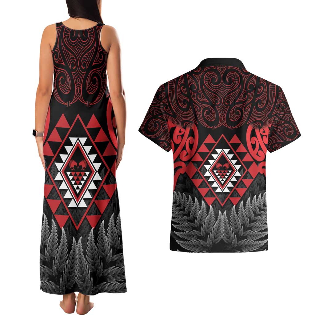 Aotearoa Kiwi Taniko Couples Matching Tank Maxi Dress and Hawaiian Shirt Silver Fern With Maori Koru Pattern