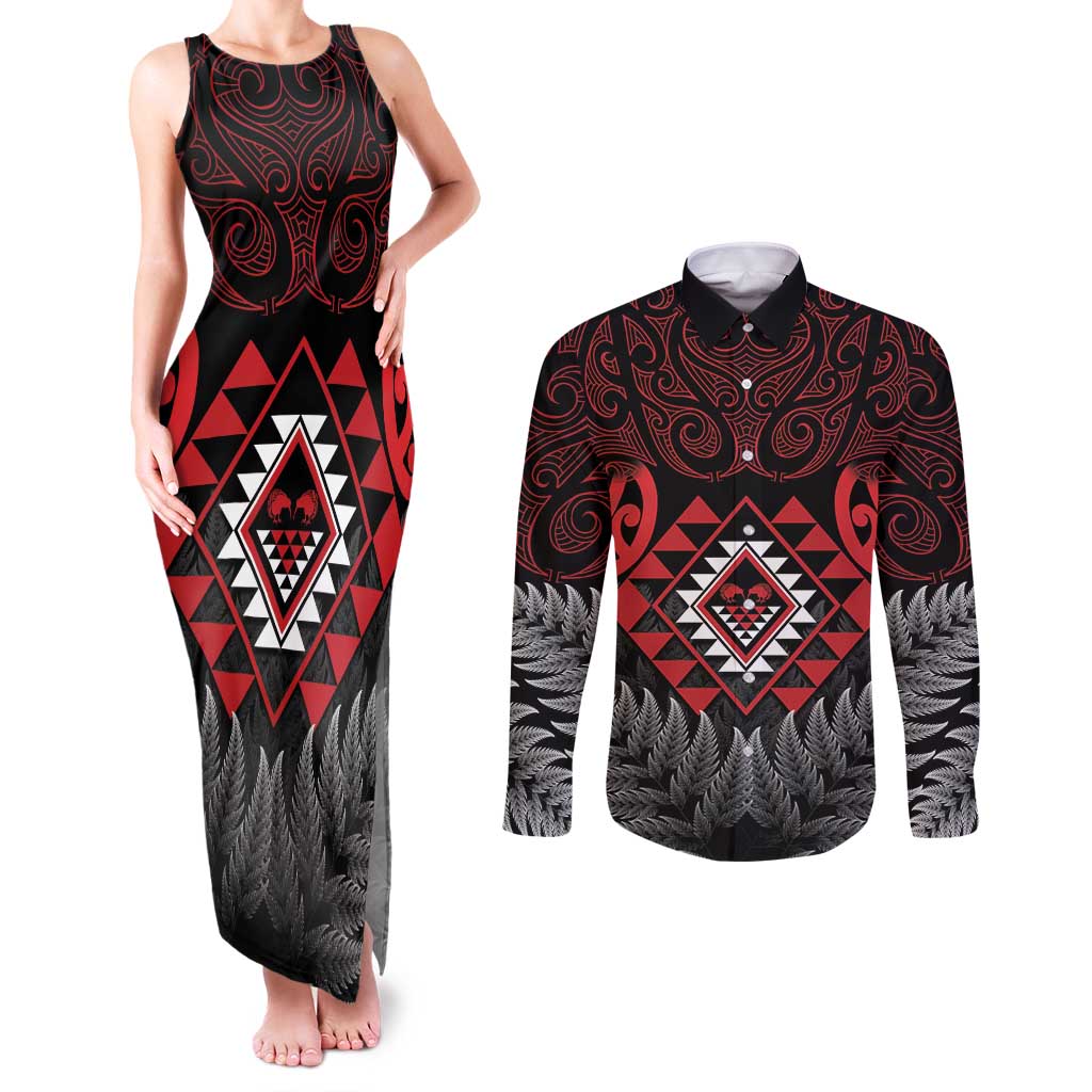 Aotearoa Kiwi Taniko Couples Matching Tank Maxi Dress and Long Sleeve Button Shirt Silver Fern With Maori Koru Pattern