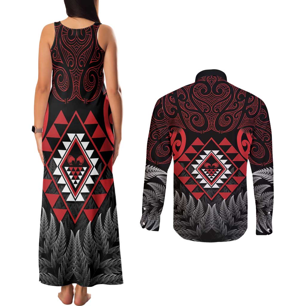 Aotearoa Kiwi Taniko Couples Matching Tank Maxi Dress and Long Sleeve Button Shirt Silver Fern With Maori Koru Pattern