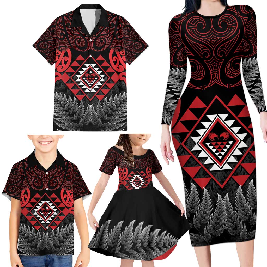 Aotearoa Kiwi Taniko Family Matching Long Sleeve Bodycon Dress and Hawaiian Shirt Silver Fern With Maori Koru Pattern