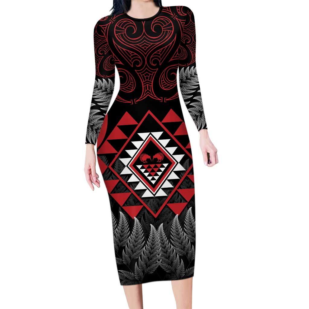 Aotearoa Kiwi Taniko Family Matching Long Sleeve Bodycon Dress and Hawaiian Shirt Silver Fern With Maori Koru Pattern