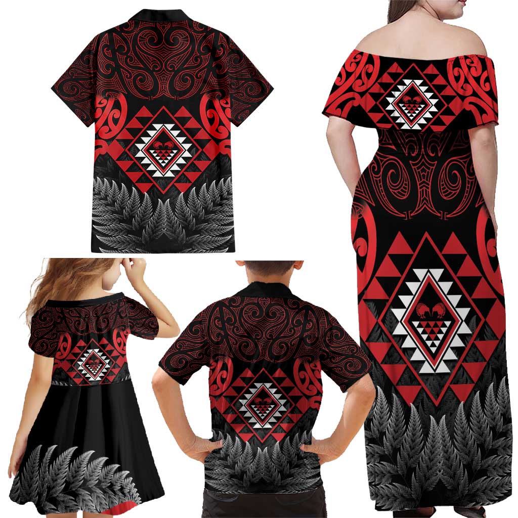 Aotearoa Kiwi Taniko Family Matching Off Shoulder Maxi Dress and Hawaiian Shirt Silver Fern With Maori Koru Pattern