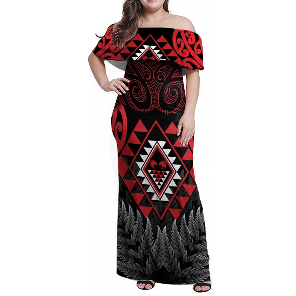 Aotearoa Kiwi Taniko Family Matching Off Shoulder Maxi Dress and Hawaiian Shirt Silver Fern With Maori Koru Pattern