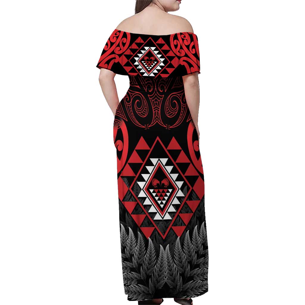 Aotearoa Kiwi Taniko Family Matching Off Shoulder Maxi Dress and Hawaiian Shirt Silver Fern With Maori Koru Pattern