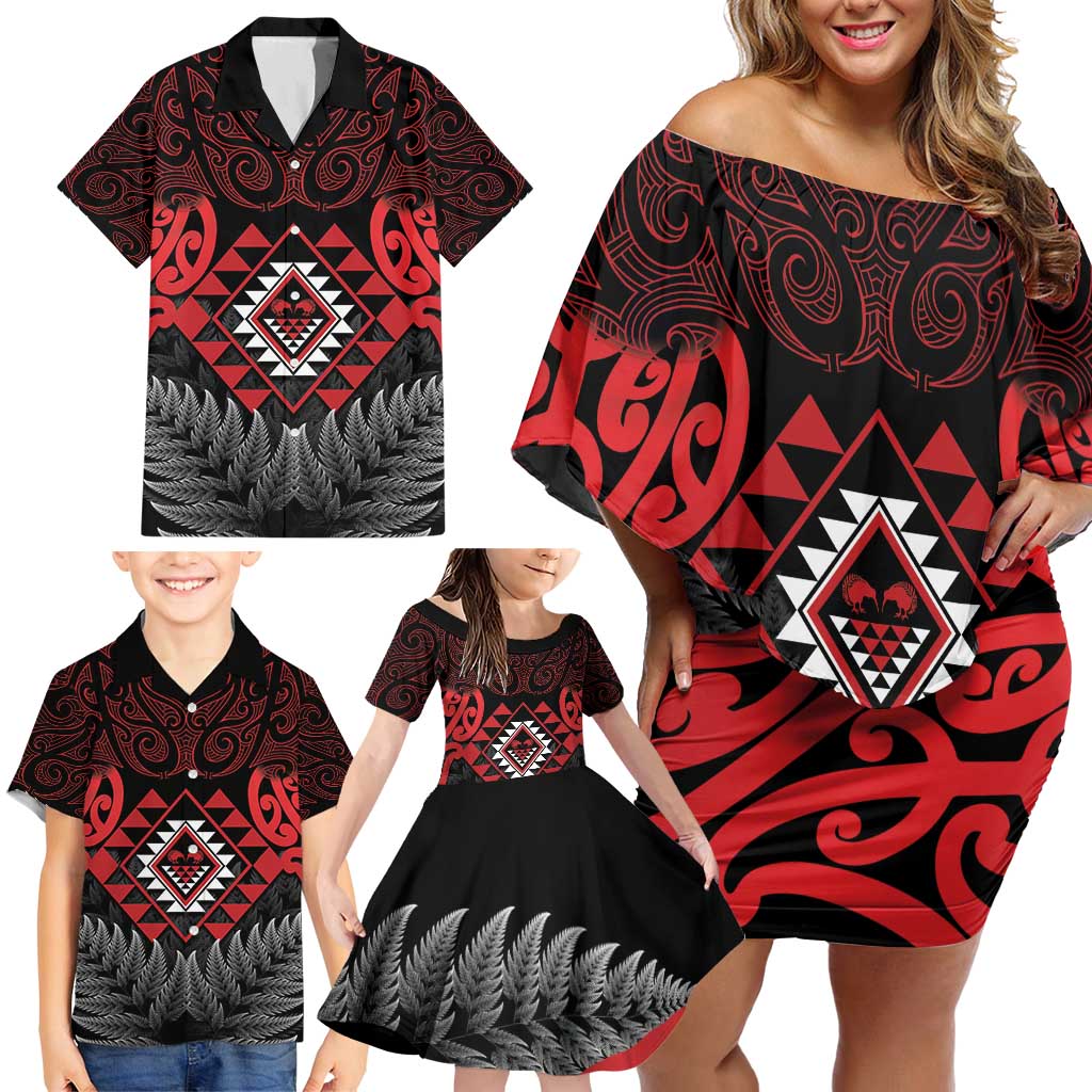 Aotearoa Kiwi Taniko Family Matching Off Shoulder Short Dress and Hawaiian Shirt Silver Fern With Maori Koru Pattern