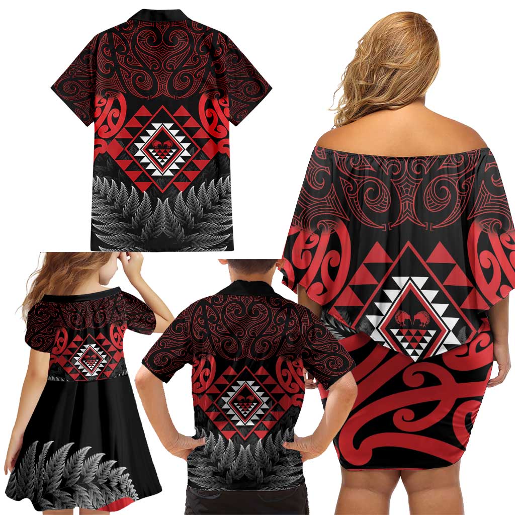 Aotearoa Kiwi Taniko Family Matching Off Shoulder Short Dress and Hawaiian Shirt Silver Fern With Maori Koru Pattern