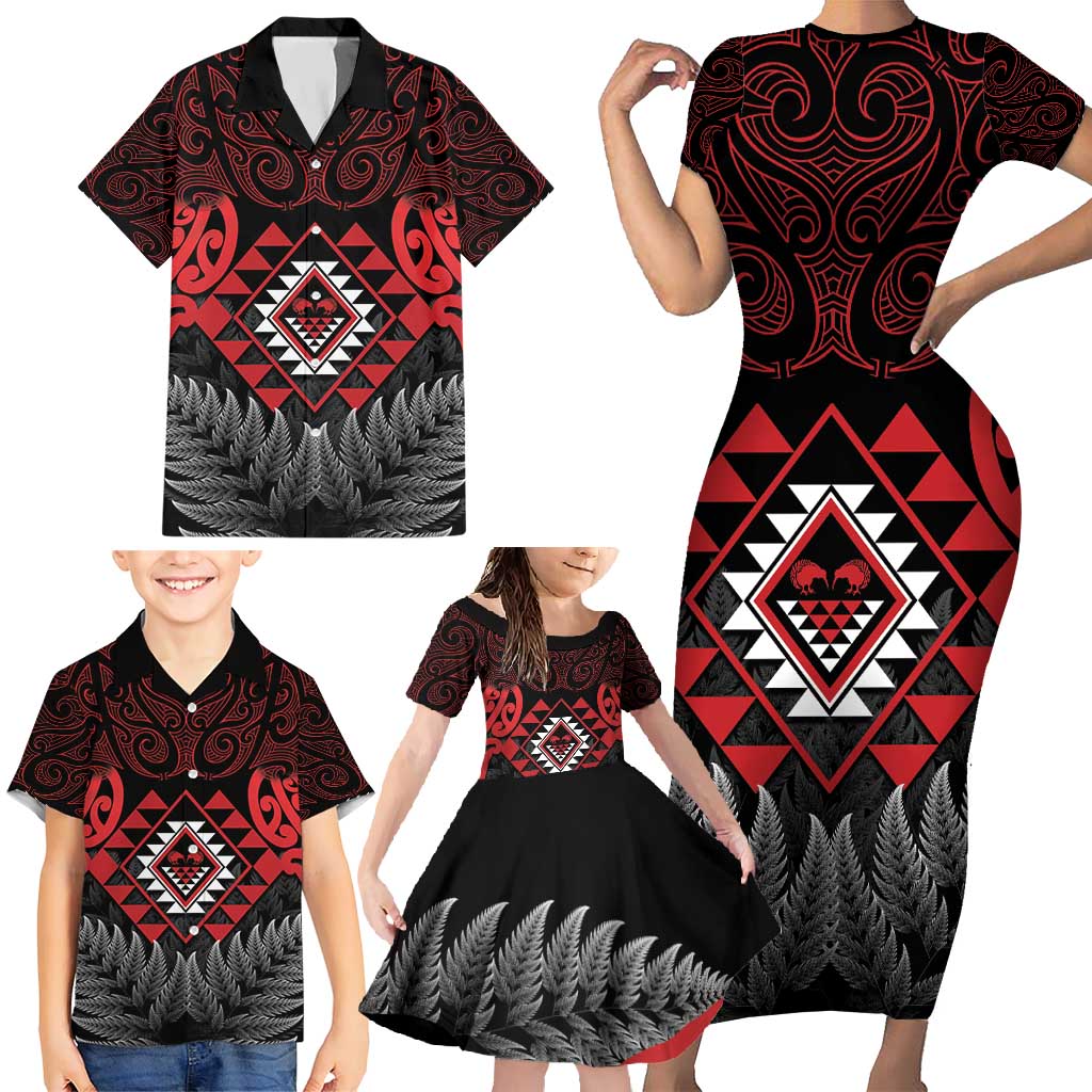 Aotearoa Kiwi Taniko Family Matching Short Sleeve Bodycon Dress and Hawaiian Shirt Silver Fern With Maori Koru Pattern