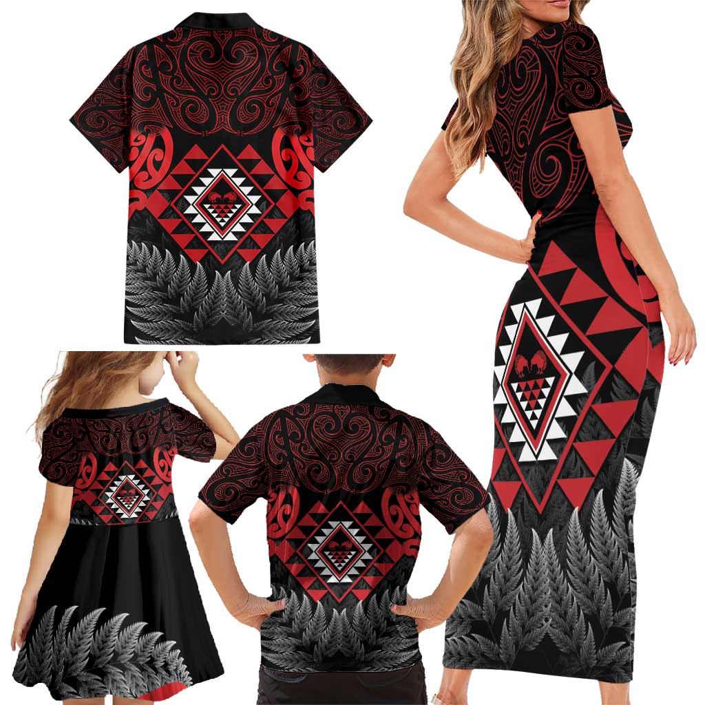 Aotearoa Kiwi Taniko Family Matching Short Sleeve Bodycon Dress and Hawaiian Shirt Silver Fern With Maori Koru Pattern