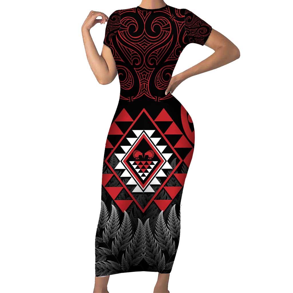 Aotearoa Kiwi Taniko Family Matching Short Sleeve Bodycon Dress and Hawaiian Shirt Silver Fern With Maori Koru Pattern