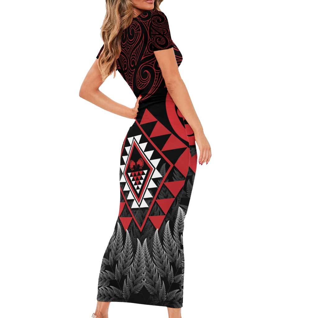 Aotearoa Kiwi Taniko Family Matching Short Sleeve Bodycon Dress and Hawaiian Shirt Silver Fern With Maori Koru Pattern