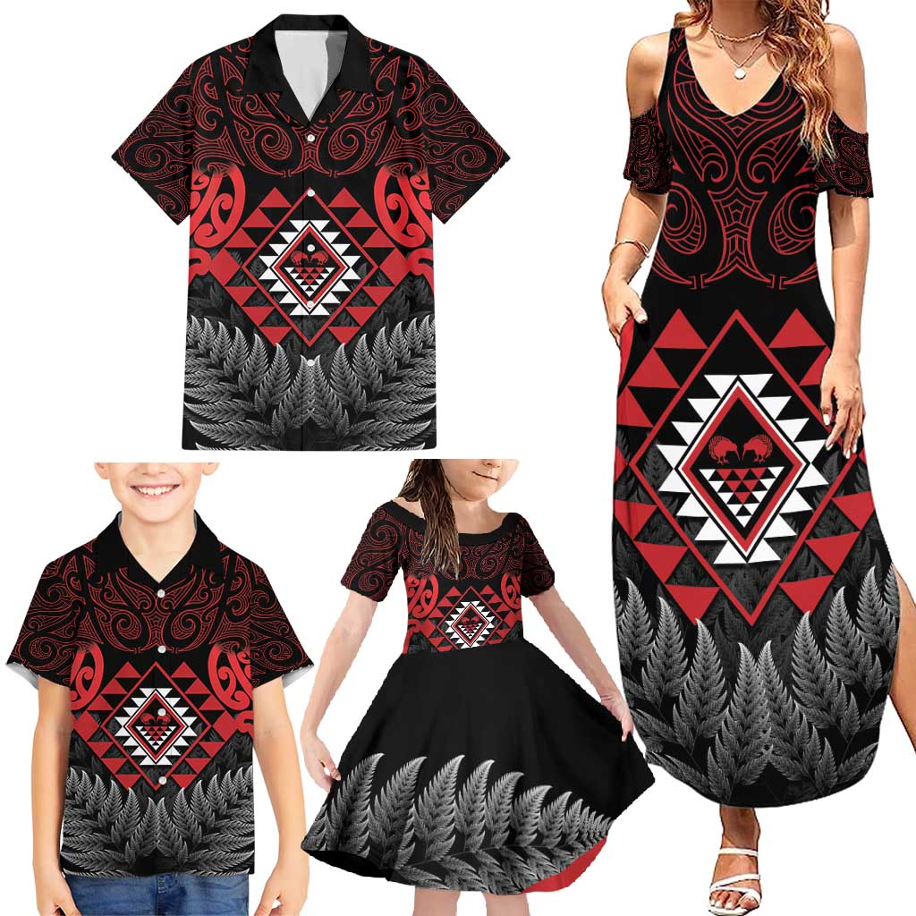 Aotearoa Kiwi Taniko Family Matching Summer Maxi Dress and Hawaiian Shirt Silver Fern With Maori Koru Pattern