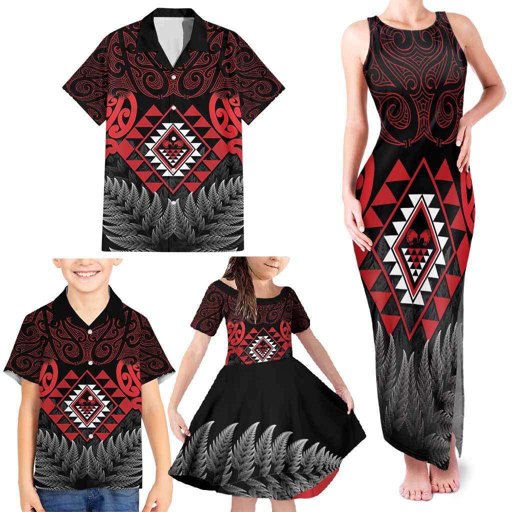 Aotearoa Kiwi Taniko Family Matching Tank Maxi Dress and Hawaiian Shirt Silver Fern With Maori Koru Pattern