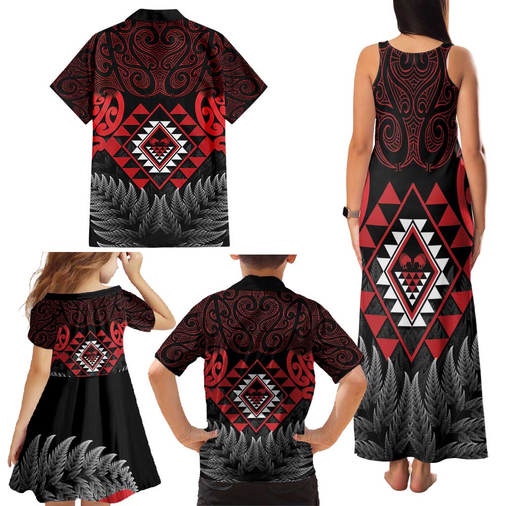 Aotearoa Kiwi Taniko Family Matching Tank Maxi Dress and Hawaiian Shirt Silver Fern With Maori Koru Pattern