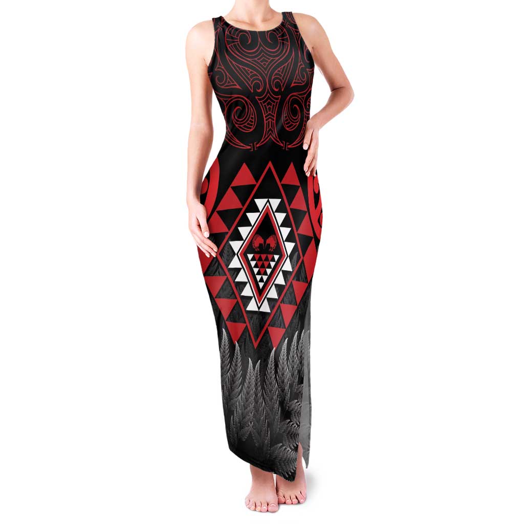 Aotearoa Kiwi Taniko Family Matching Tank Maxi Dress and Hawaiian Shirt Silver Fern With Maori Koru Pattern